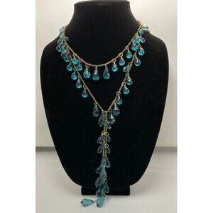 Light Blue Plastic Drop Bead Two Layer Necklace with Tassles